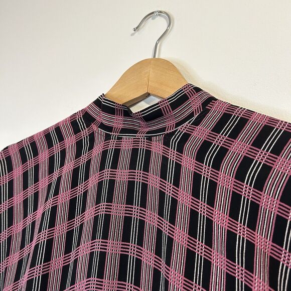 Ganni Blouse Plaid Blouse Top Black Pink Mock Neck Fitted - Size EU 42 US 10/12 - Picture 3 of 15